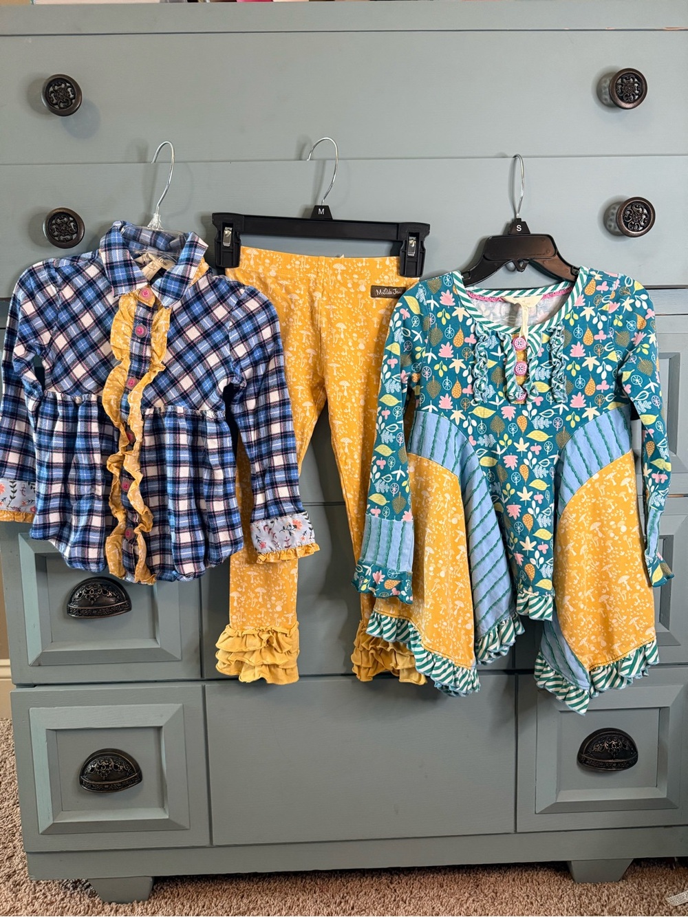 Matilda Jane Set with Blue Plaid Button Up, Tunic Top, and Ruffle Leggings